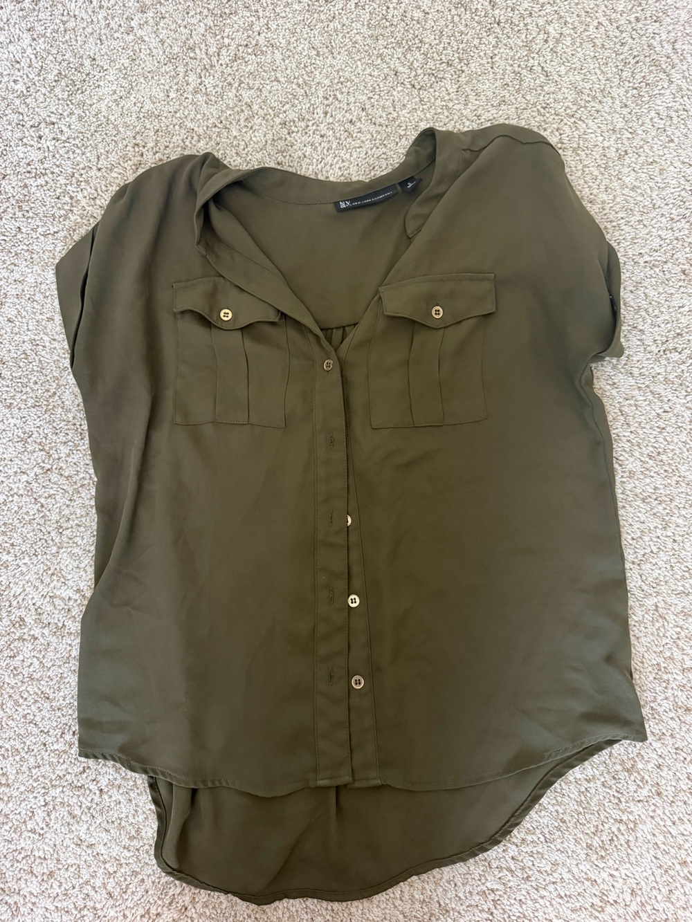 New York & Company Olive Utility Button-Front Blouse